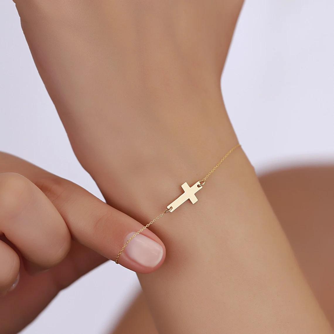 il_1140xN.5695049777_hmea Dainty 14k Gold Sideways Cross Bracelet, Minimalist Faith Jewelry - Görsel 1