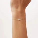 Dainty 14k Rose Gold Hamsa Bracelet, White & Blue Stone Evil Eye Charm - Görsel 2