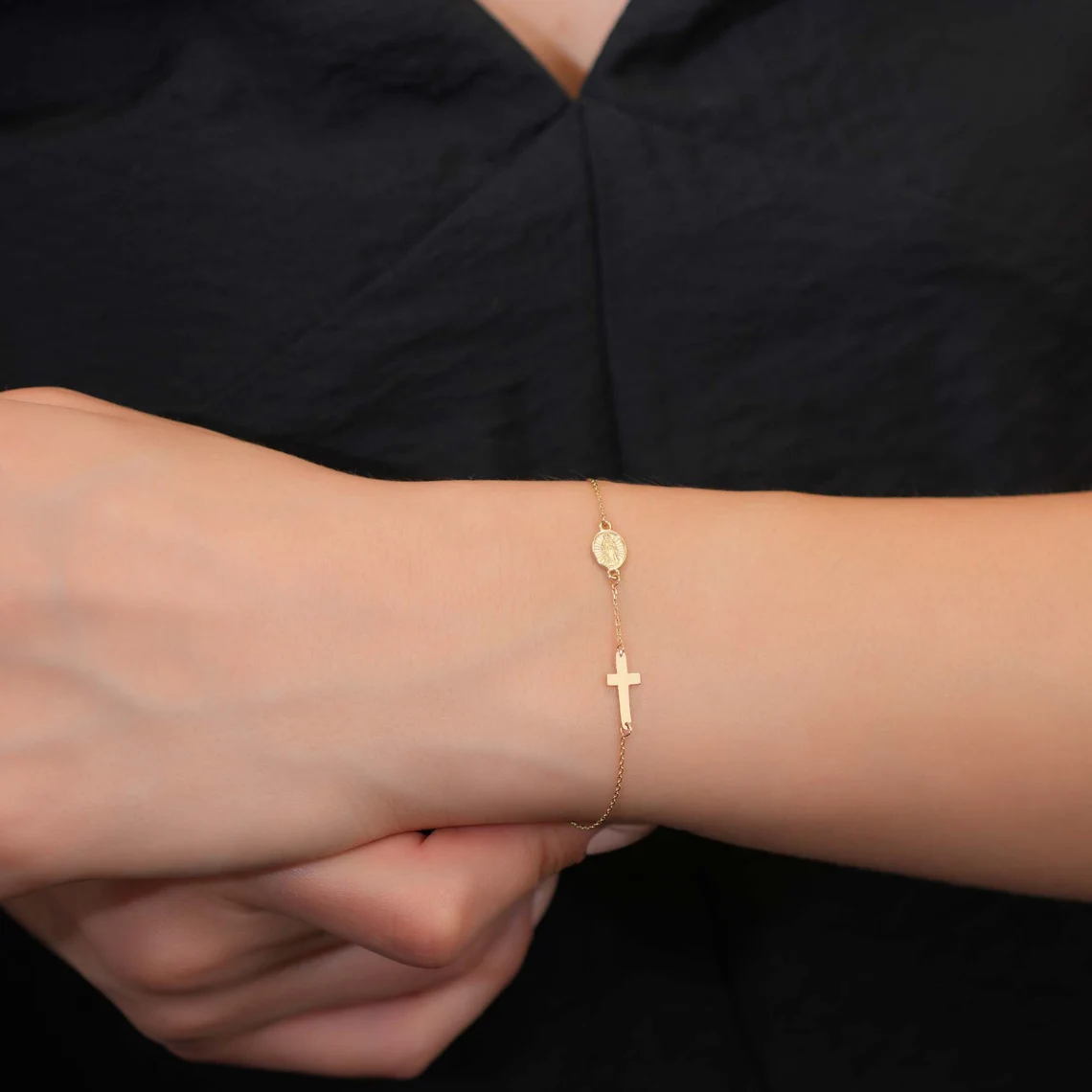 il_1140xN.6099031632_3caj 14K Gold Cross & Virgin Mary Bracelet | Religious Charm - Görsel 1