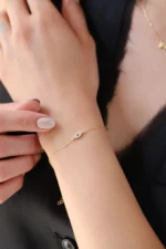 14k Gold Evil Eye Bracelet, Dainty CZ Charm, Adjustable Chain - Görsel 4