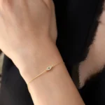 14k Gold Evil Eye Bracelet, Dainty CZ Charm, Adjustable Chain