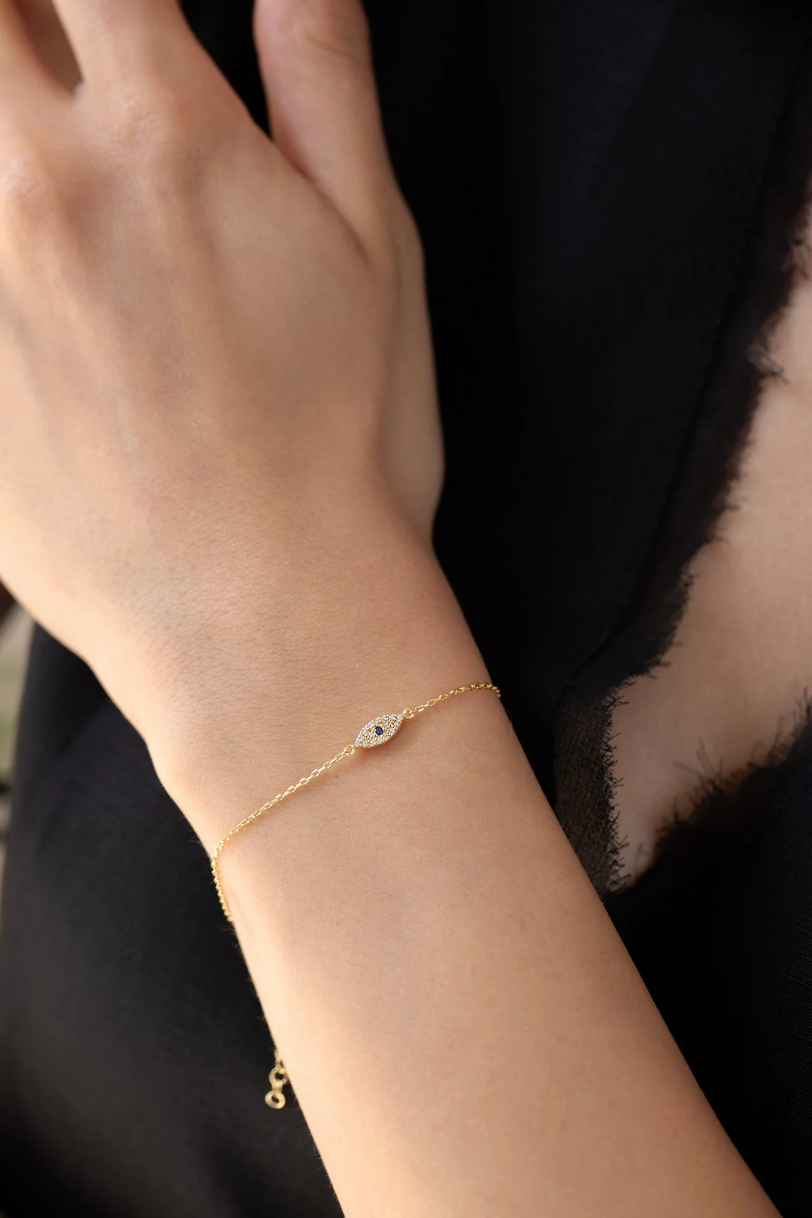 il_1140xN.6141089492_91r7 14k Gold Evil Eye Bracelet, Dainty CZ Charm, Adjustable Chain - Görsel 1