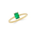 Gold Beaded Band Ring, Emerald Cut Green Gemstone, May Birthstone - Görsel 3