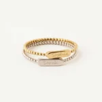 Gold Beaded Band Ring with Engravable Oval Bar - Minimalist Stackable Jewelry