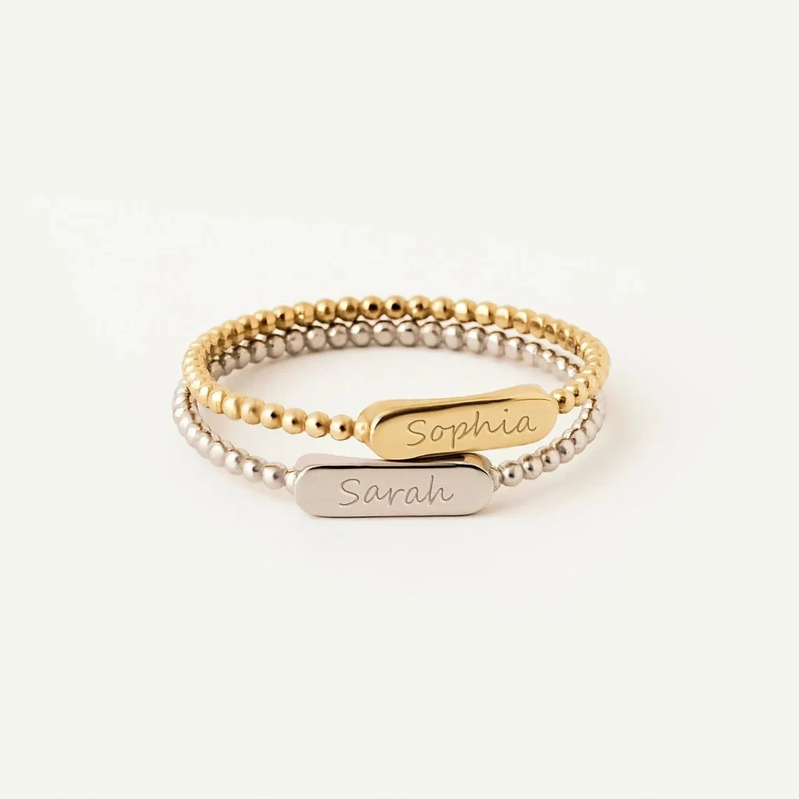 il_1140xN.6172213426_rac0 Gold Beaded Band Ring with Engravable Oval Bar - Minimalist Stackable Jewelry - Görsel 1