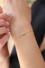 14k Gold Evil Eye Bracelet, Dainty CZ Charm, Adjustable Chain - Görsel 8