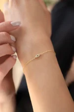 14k Gold Evil Eye Bracelet, Dainty CZ Charm, Adjustable Chain - Görsel 6