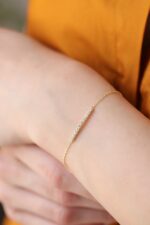 14k Gold Bar Bracelet, Cubic Zirconia Minimalist Chain - Görsel 2