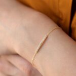 14k Gold Bar Bracelet, Cubic Zirconia Minimalist Chain