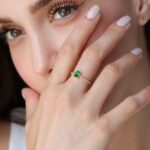 Gold Beaded Band Ring, Emerald Cut Green Gemstone, May Birthstone
