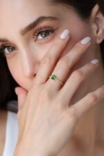 Gold Beaded Band Ring, Emerald Cut Green Gemstone, May Birthstone