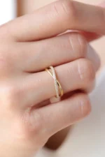 14k Gold Criss Cross Diamond Ring, Modern Stacking Band