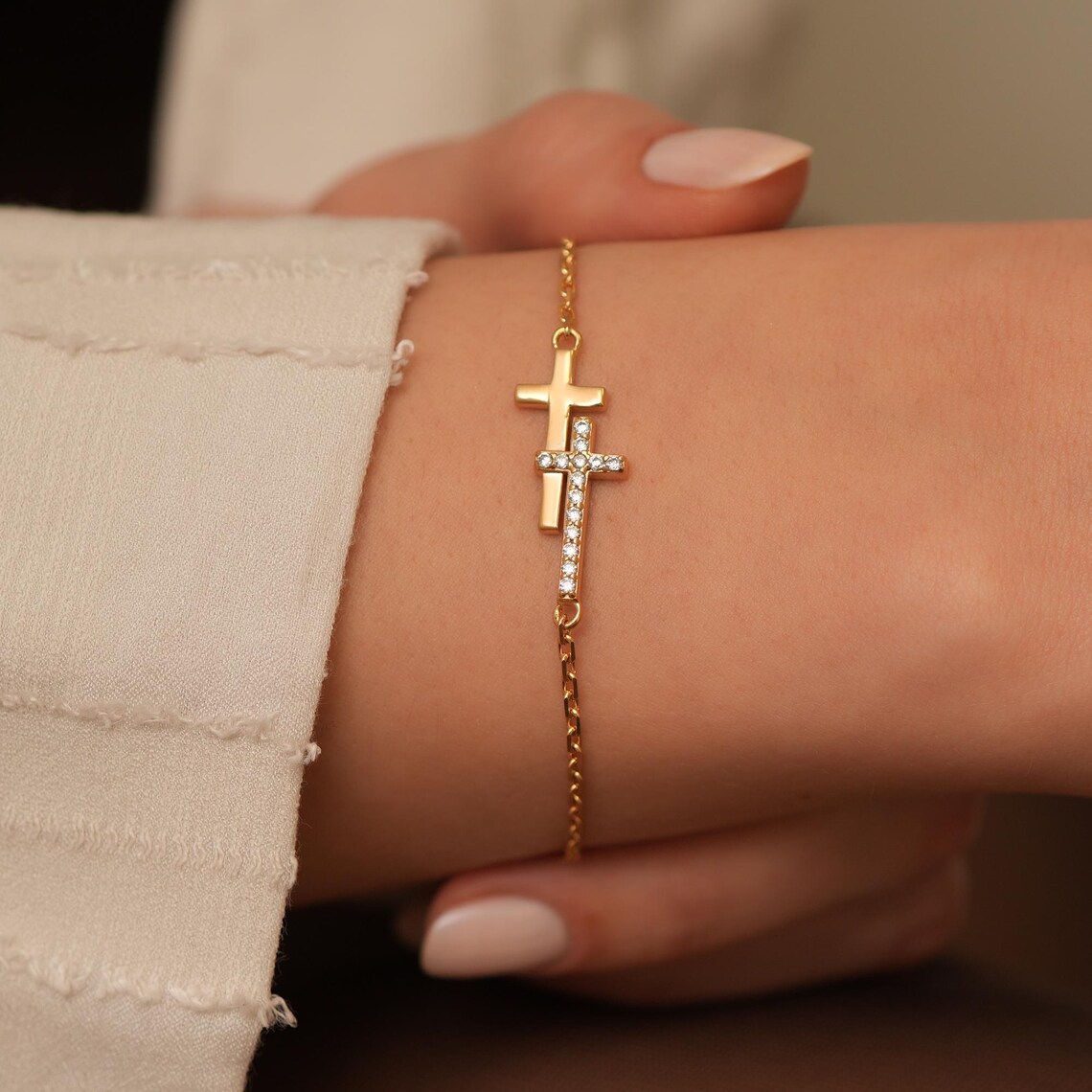 il_1140xN.6766321689_m2gn Gold Double Cross Bracelet, CZ Faith Jewelry - Görsel 1