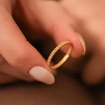 14k Gold Beaded Band Ring, Minimalist Stacking Ring - Görsel 6