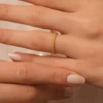 14k Gold Beaded Band Ring, Minimalist Stacking Ring - Görsel 2