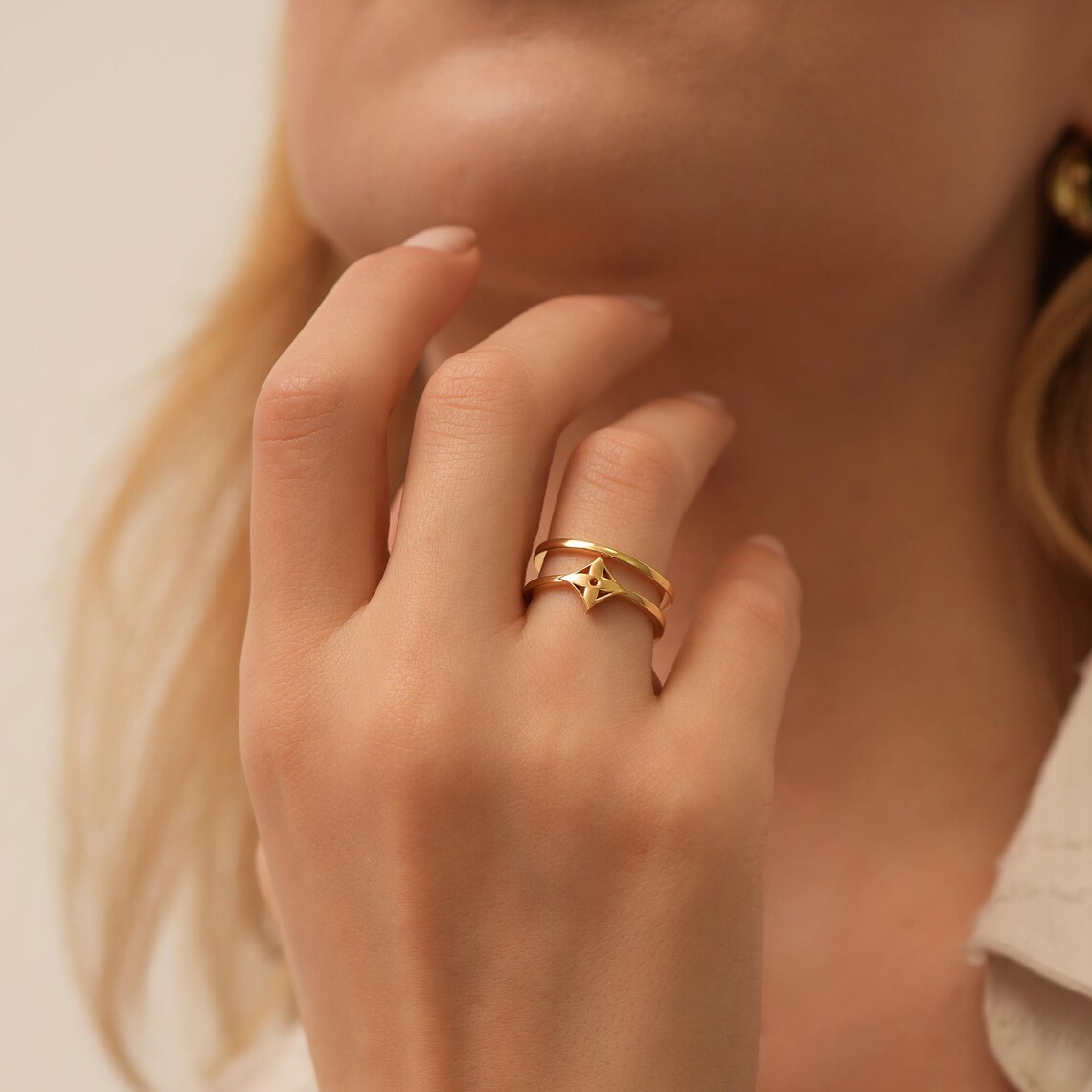 il_1140xN.6873149468_7e71 10k 14k Gold Double Band Ring, Geometric Star Design - Görsel 1