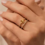 Gold Double Band Diamond Ring: Geometric Star Pavé, Minimalist Jewelry - Görsel 6