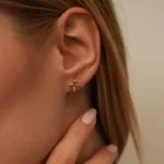 10k 14k Gold Flower Stud Earrings, CZ Accent, Floral Jewelry - Görsel 6