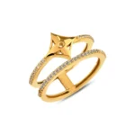 Gold Double Band Diamond Ring: Geometric Star Pavé, Minimalist Jewelry - Görsel 3