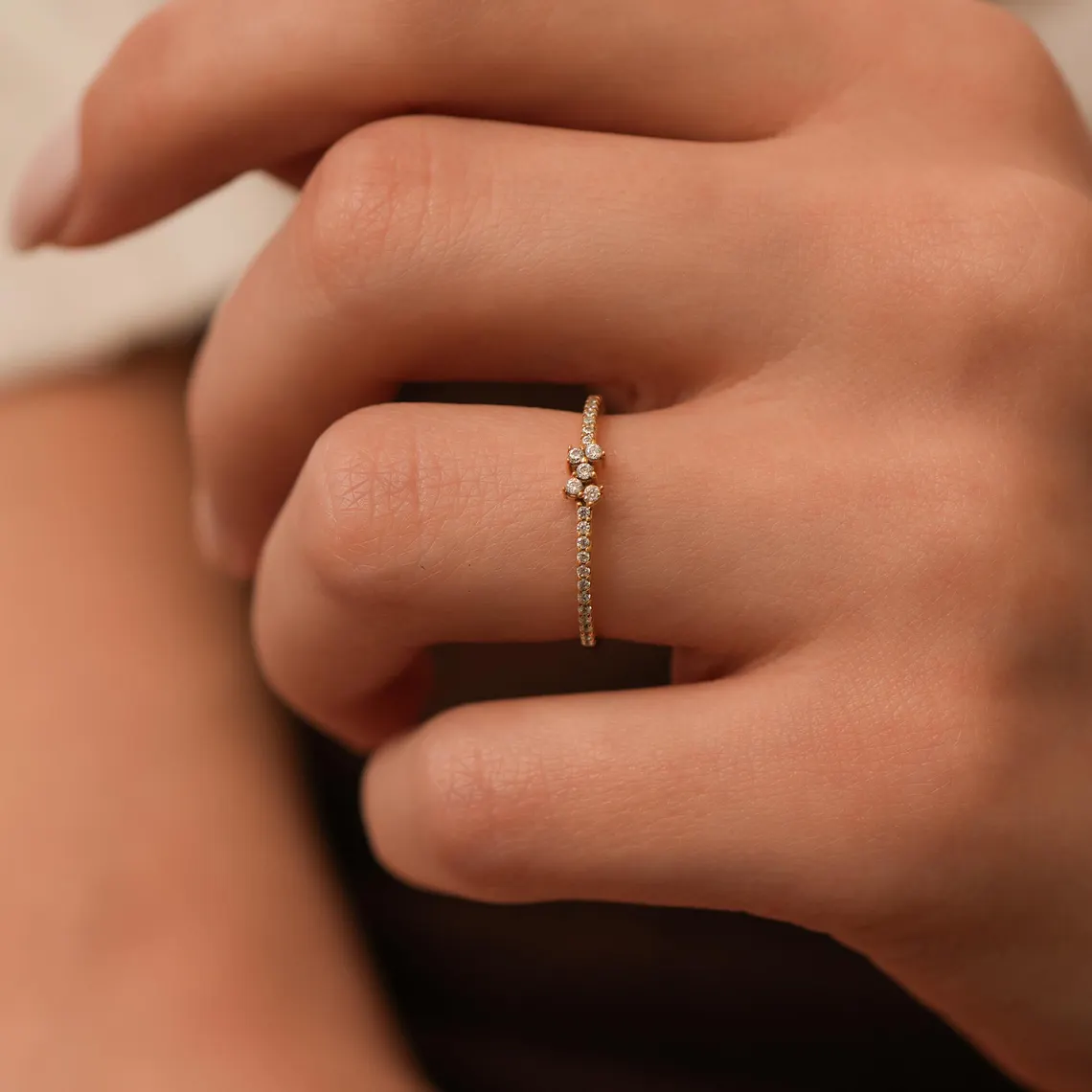 il_1140xN.6926952097_6j9b 14k Gold Pavé Diamond Ring, Dainty Cluster Promise Ring - Görsel 1