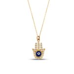 Solid Gold Diamond Hamsa Necklace - 10K 14K Evil Eye Pendant - Görsel 5