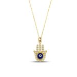Solid Gold Diamond Hamsa Necklace - 10K 14K Evil Eye Pendant - Görsel 3