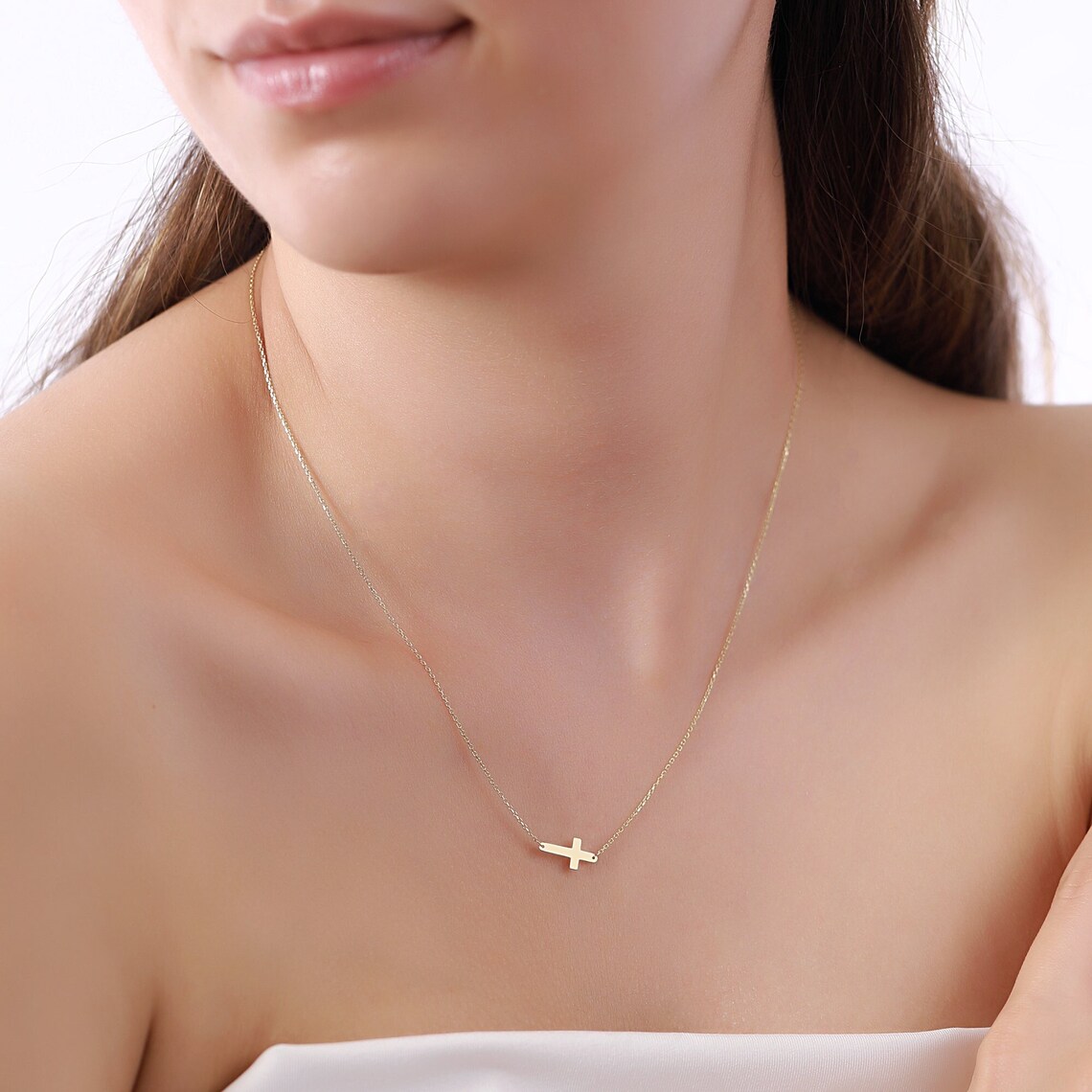 il_1140xN.5578989467_6zc8 Solid Gold Sideways Cross Necklace – 10K/14K Faith Pendant - Görsel 1