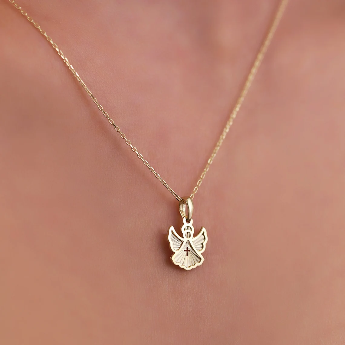 il_1140xN.5611935959_c96v 14K Solid Gold Angel Cross Pendant Necklace | Religious Jewelry - Görsel 1