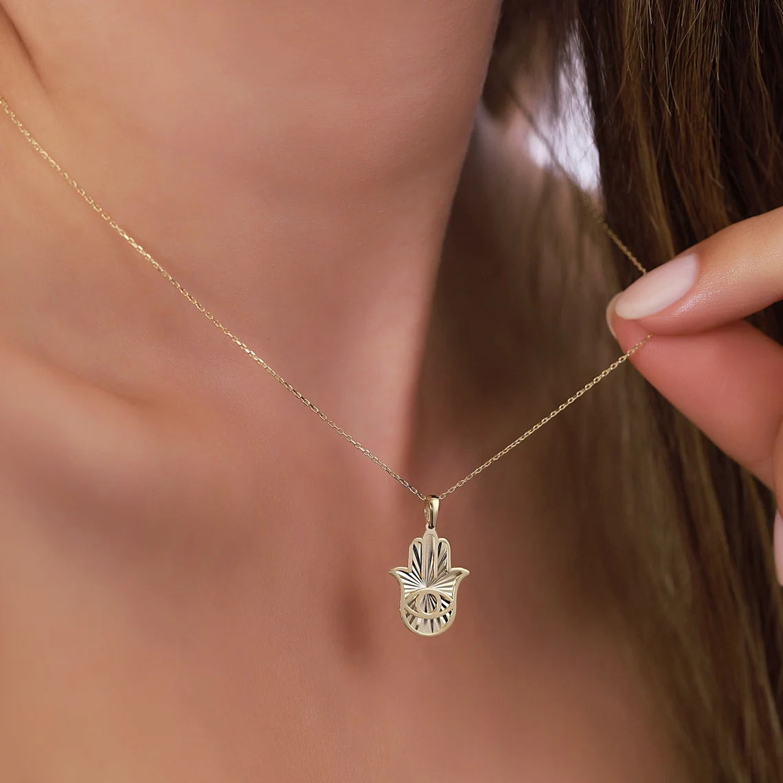 il_1140xN.5836672310_hq7m 14K Solid Gold Hamsa Hand Necklace | Fatima's Hand Pendant - Görsel 1