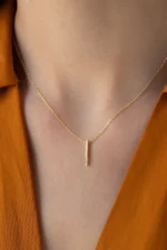 14K Solid Gold Diamond Bar Necklace – Minimalist Vertical Pendant