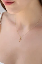Solid Gold Diamond Cross Necklace - Christian Religious Pendant - Görsel 7