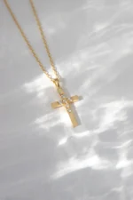 Solid Gold Diamond Cross Necklace - Christian Religious Pendant - Görsel 8