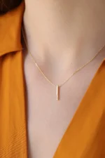 14K Solid Gold Diamond Bar Necklace – Minimalist Vertical Pendant - Görsel 8