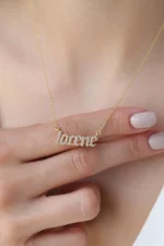 Custom Solid Gold Diamond Name Necklace - Gothic, Script Font - Görsel 4