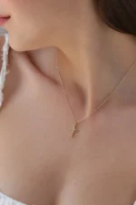 Solid Gold Diamond Cross Necklace - Christian Religious Pendant - Görsel 5