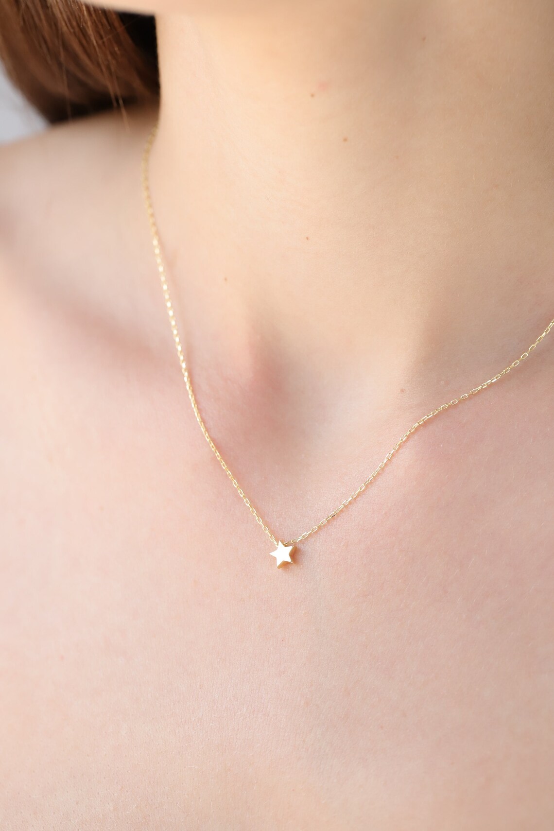 il_1140xN.6197973453_m7ey 14K Solid Gold Star Necklace: Dainty Celestial Pendant - Görsel 1