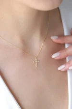 Solid Gold Diamond Cross Necklace – Modern Geometric Faith Pendant