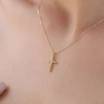 Solid Gold Diamond Cross Necklace - Christian Religious Pendant