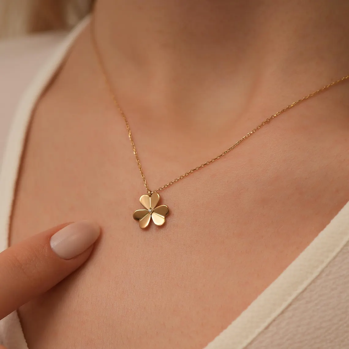 il_1140xN.6932305503_2zi2 Solid Gold Flower Necklace – Dainty Diamond Accent, Floral Pendant - Görsel 1