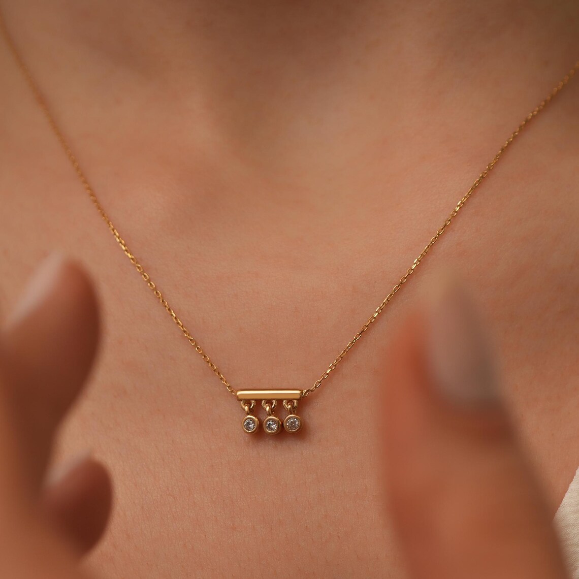 il_1140xN.6933234885_e6hy 14K Gold Diamond Drop Bar Necklace: Minimalist Fine Jewelry - Görsel 1