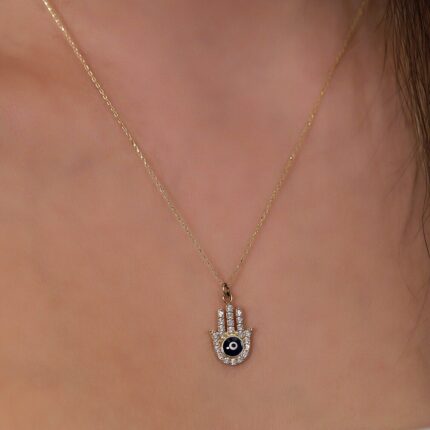 Solid Gold Diamond Hamsa Necklace - 10K 14K Evil Eye Pendant