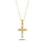 Two-Tone 10k 14k Gold Crucifix Necklace, Red Accent Jesus Pendant