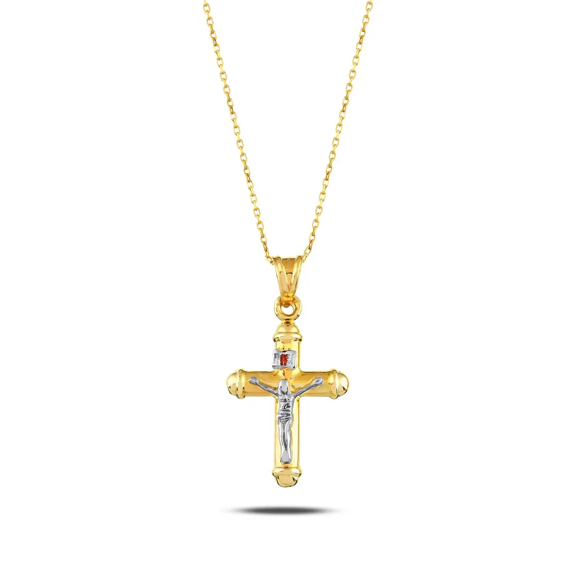 il_1140xN.7324143264_adpb Two-Tone 10k 14k Gold Crucifix Necklace, Red Accent Jesus Pendant - Görsel 1