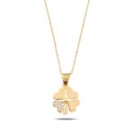 14k Solid Gold Four Leaf Clover Necklace, CZ Shamrock Pendant - Görsel 2