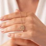 14K Solid Gold Heart Medallion Necklace with CZ Halo and Mini Hearts - Görsel 4
