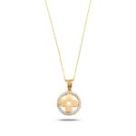 14K Solid Gold Flower Pendant Necklace with CZ Halo Circle Charm - Görsel 3