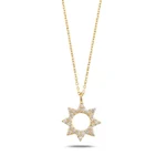 14K Solid Gold Sunburst Necklace with CZ Radiant Star Circle Pendant - Görsel 3