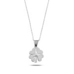 14k Solid Gold Four Leaf Clover Necklace, CZ Shamrock Pendant - Görsel 6