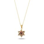 14K Solid Gold Star of David Necklace with Red Enamel Evil Eye Charm - Görsel 3