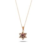 14K Solid Gold Star of David Necklace with Red Enamel Evil Eye Charm - Görsel 5